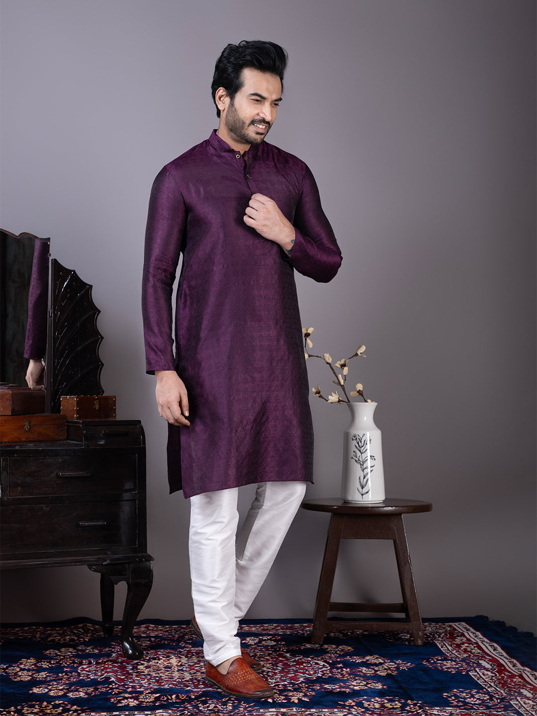 Men Mandarin Collar Jacquard Kurta with Pyjama