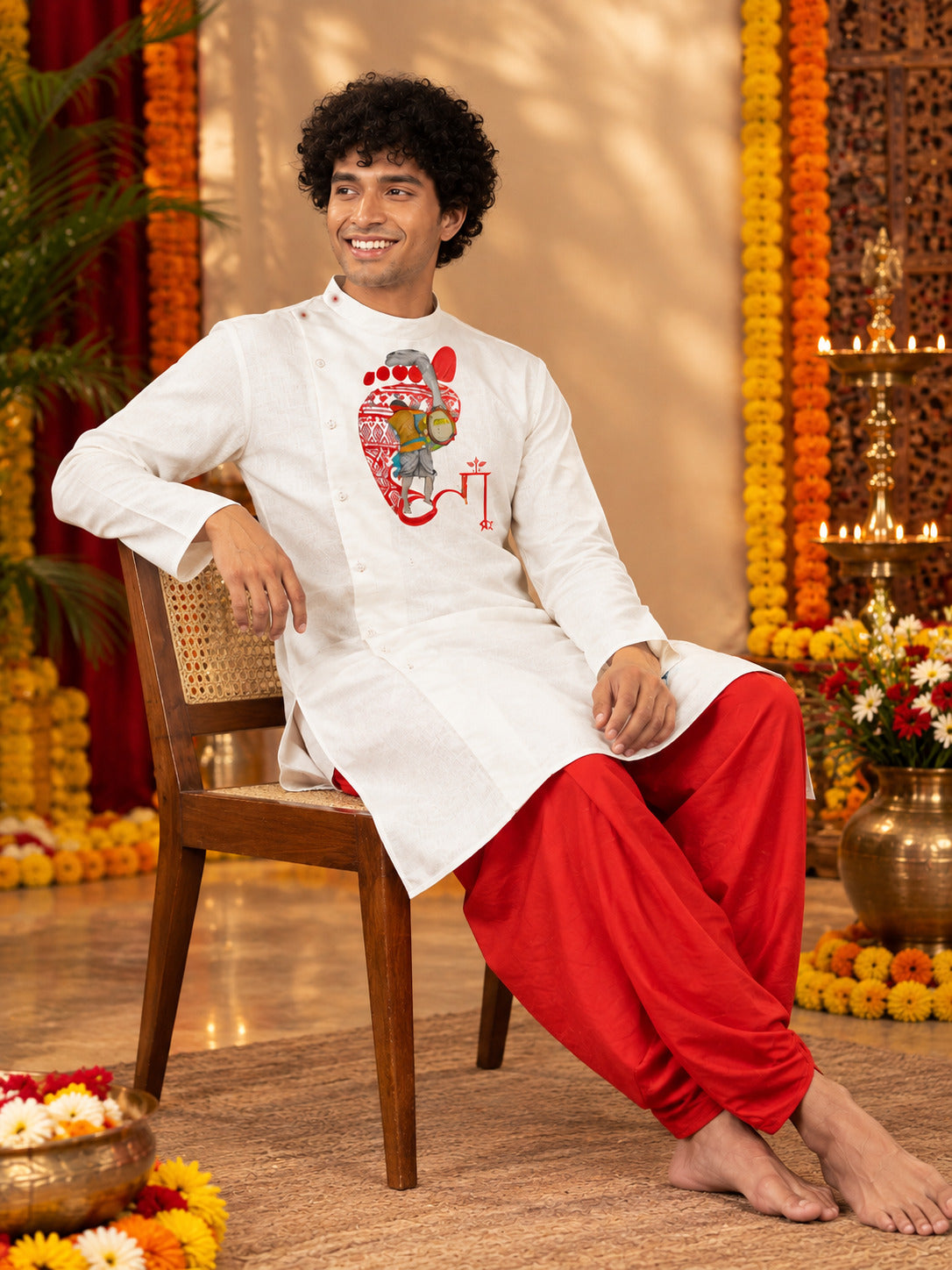 Men's White Cotton Kurta with Dhoti Set – Ethnic Print & Side Placket