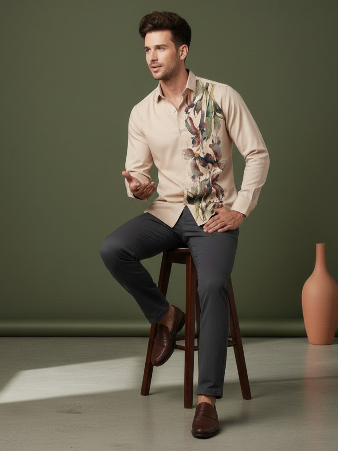 [DS-MGSP] Men's Beige Ethnic Printed Cotton Shirt