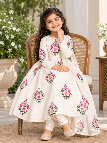 Girls' Off-White Art Silk Kurti and Churidar Pant Set – Printed