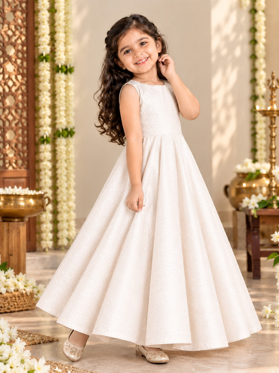 Girls' Off-White Art Silk Gown – Solid and Sleeveless