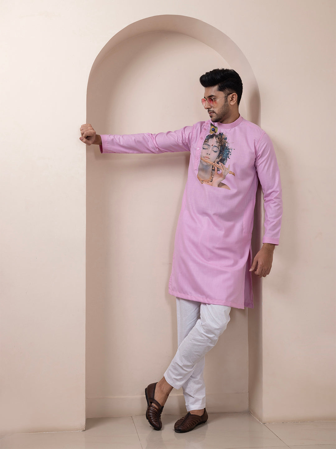 Men's Pink Cotton Kurta Set – Lord Krishna Print & Side Placket