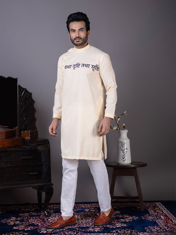 Mens Beige Side Placket Printed Kurta With Pyjama Set