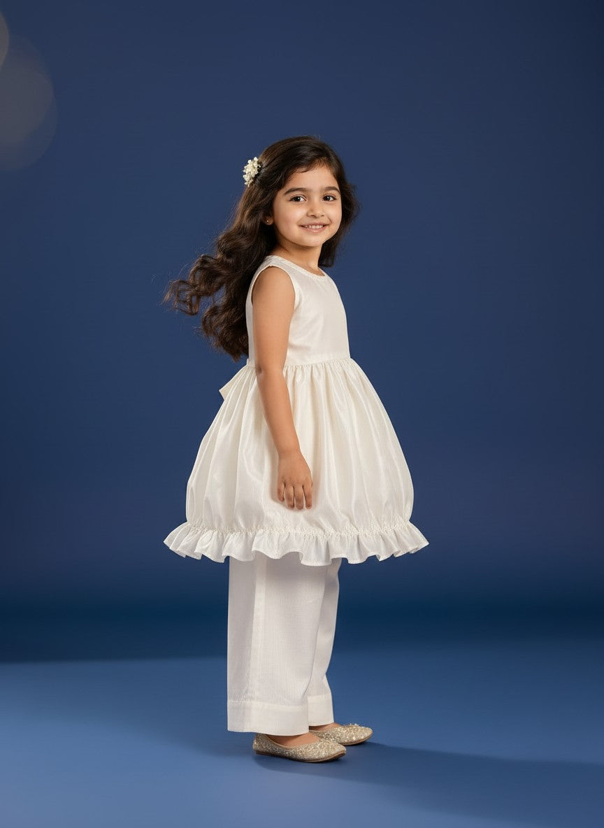 Girls' Off-White Art Silk Kurti Palazzo Set – Solid