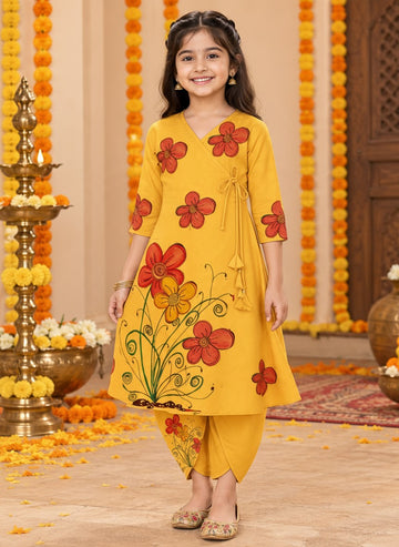 Girls' Mustard Cotton Kurti with Tulip pant Set – Printed