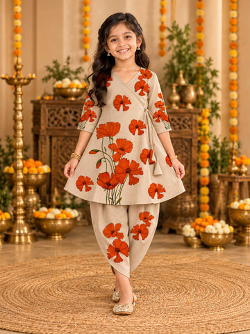 Girls' Beige Cotton Kurti with Tulip pant Set – Printed