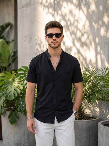 [DS-C-MG] Men's Black chinese collar Cotton Shirt