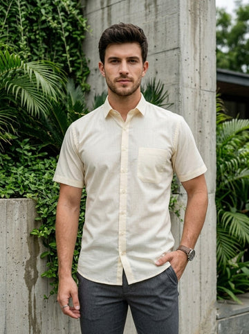 [DS-MG] Men's Beige Solid Cotton Shirt