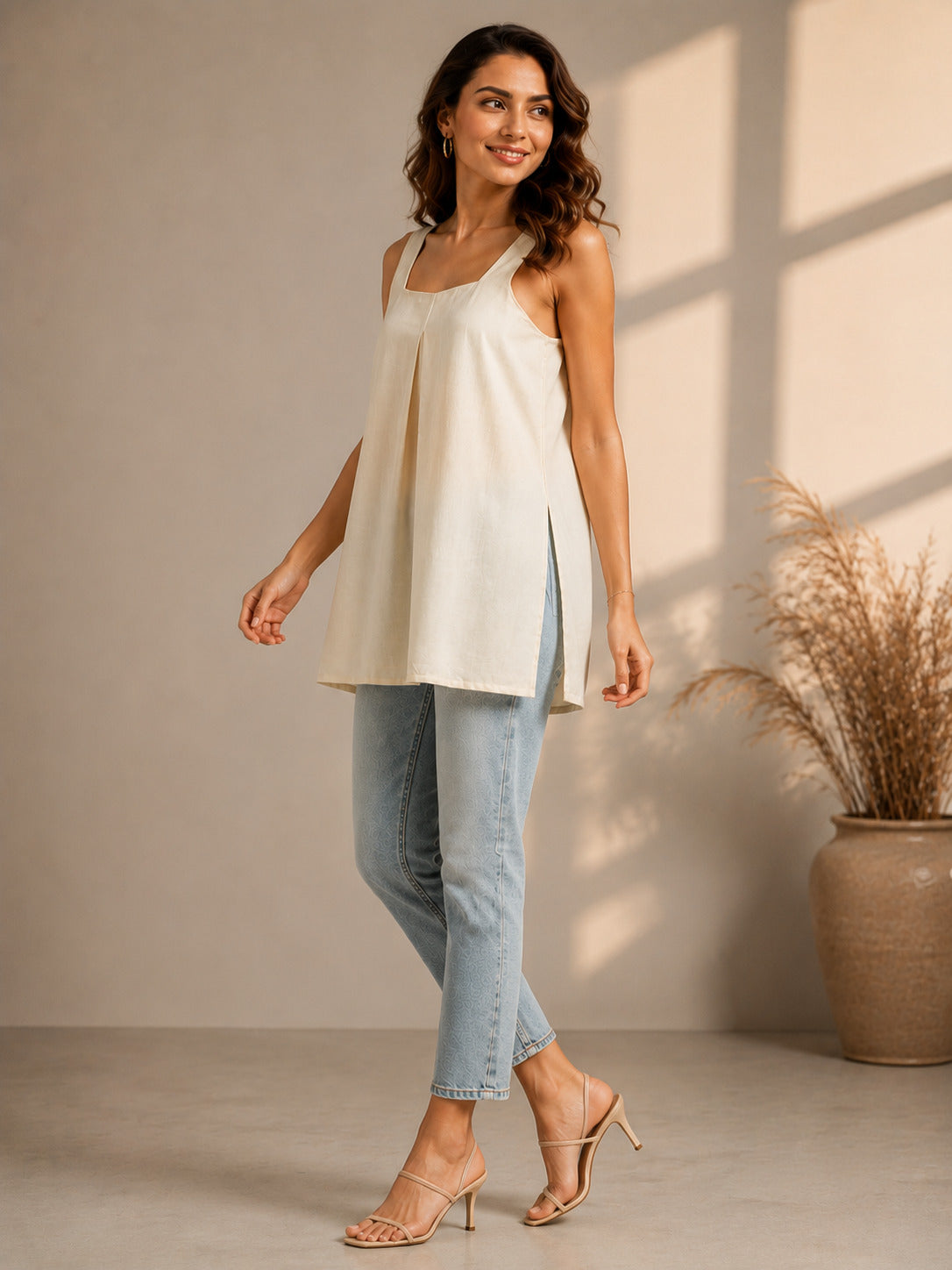 Women's Beige Cotton Linen Tunic Top – Sleeveless Square Neck