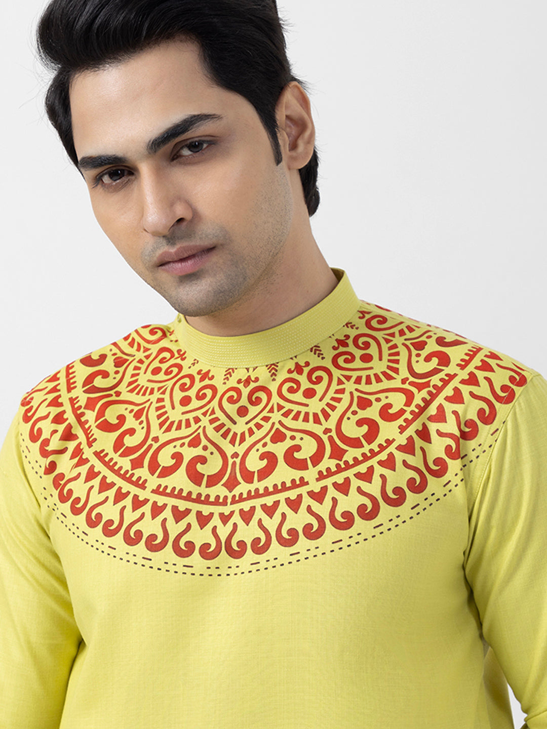 Mens Lime Green Side Placket Printed Kurta-Pyjama Set