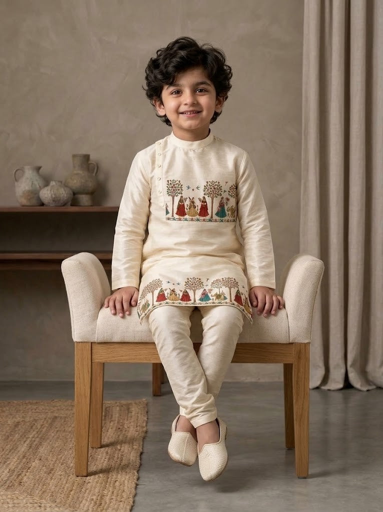 Boy's Off-White Art Silk Kurta Pyjama Set – Ethnic Print & Side Placket