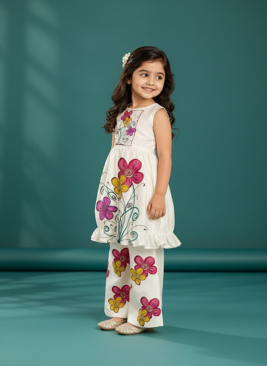 Girls' Off-White Art Silk Kurti Palazzo Set – Printed