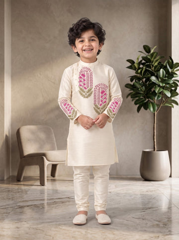 Boy's Off-White Art Silk Kurta Pyjama Set – Ethnic Print & Side Placket