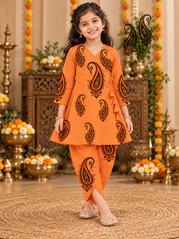Girls' Orange Cotton Kurti with Tulip pant Set – Printed
