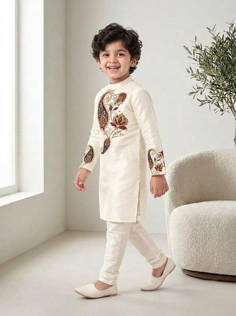 Boy's Off-White Art Silk Kurta Pyjama Set – Ethnic Print & Side Placket