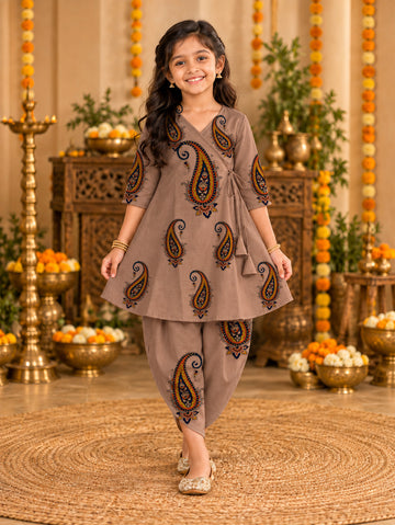 Girls' Brown Cotton Kurti with Tulip pant Set – Printed