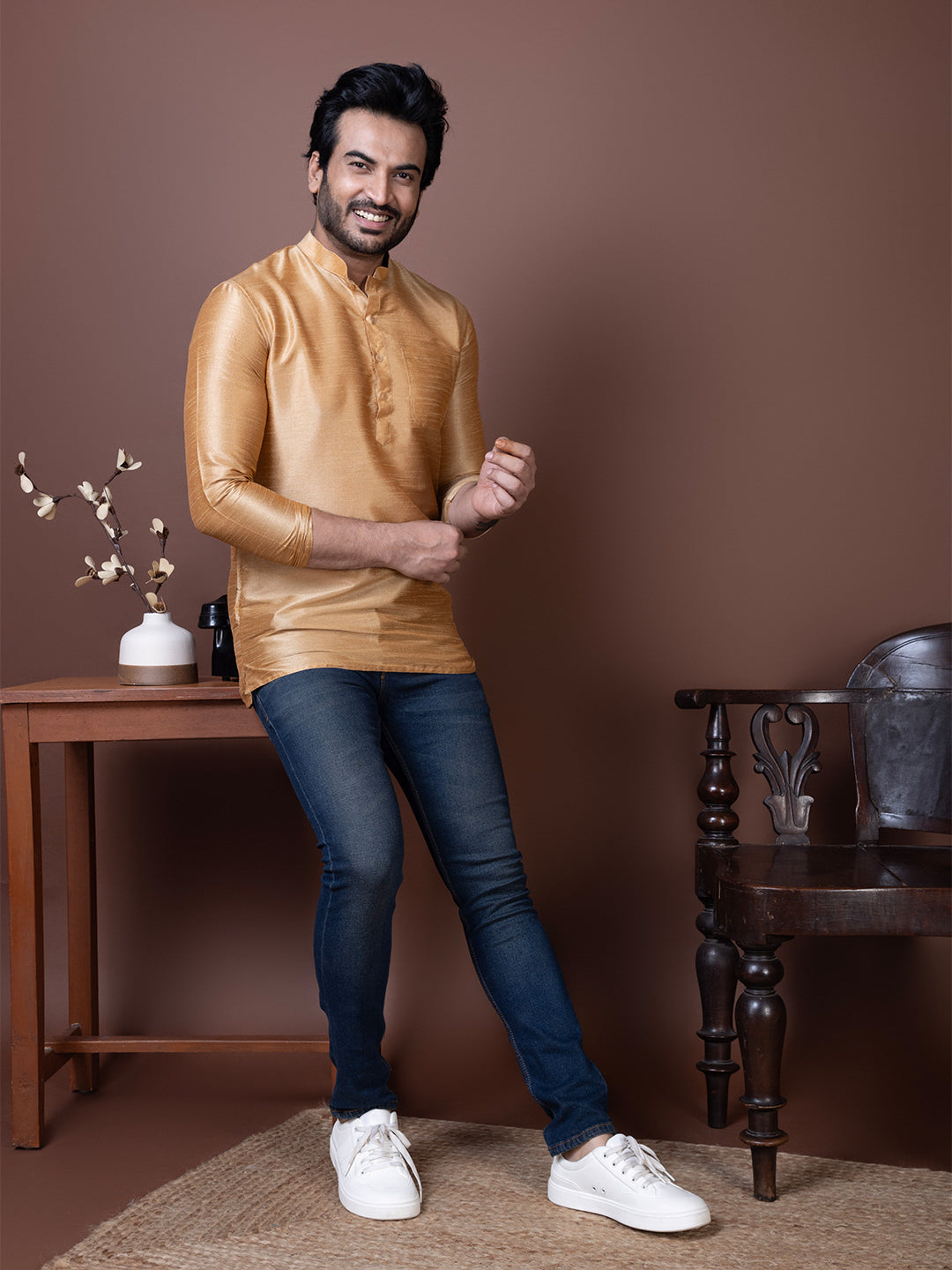 [DPS] Men's Beige Solid Art Silk Short Kurta