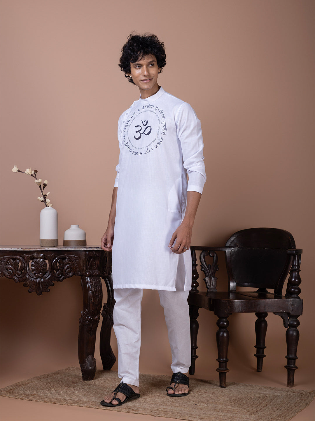 Mens White Side Placket Printed Kurta With Pyjama Set
