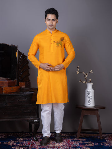 Mens Orange Printed Kurta Pyjama Set