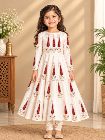 Girls' Off-White Art Silk Kurti and Churidar Pant Set – Printed