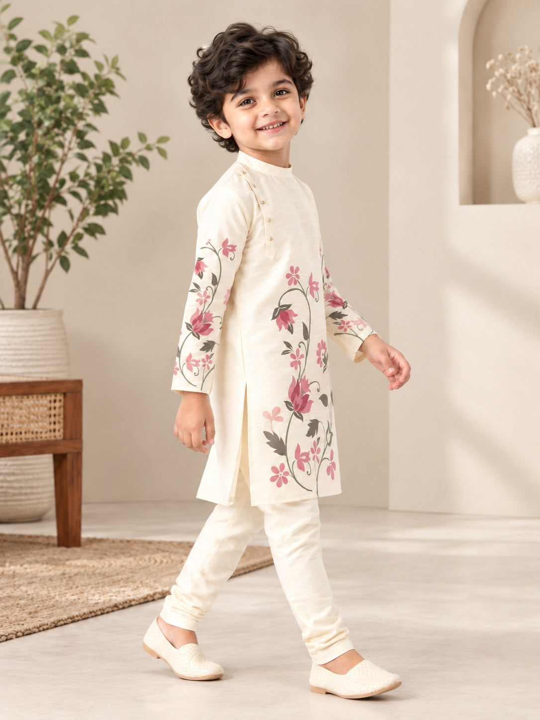 Boy's Off-White Art Silk Kurta Pyjama Set – Ethnic Print & Side Placket