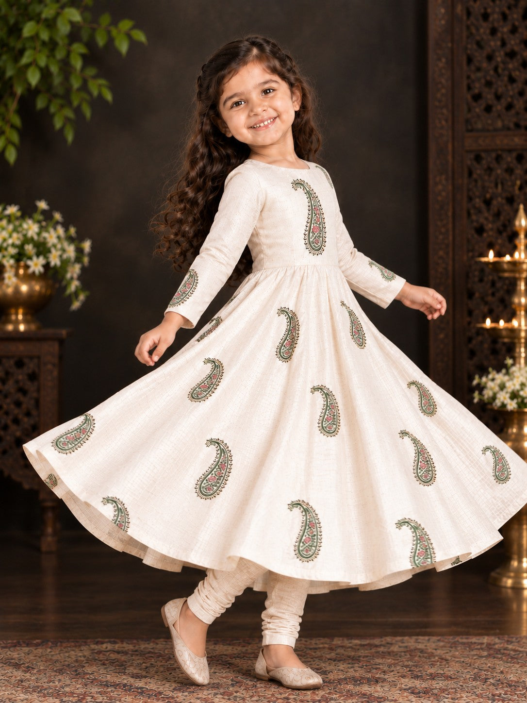 Girls' Off-White Art Silk Kurti and Churidar Pant Set – Printed