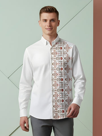 [DS-MGSP] Men's White Ethnic Printed Cotton Shirt