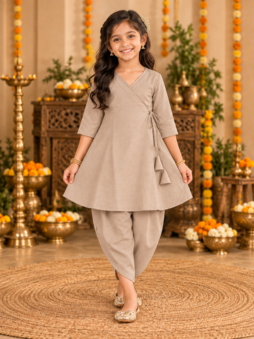 Girls' Beige Cotton Kurti with Tulip pant Set – Solid