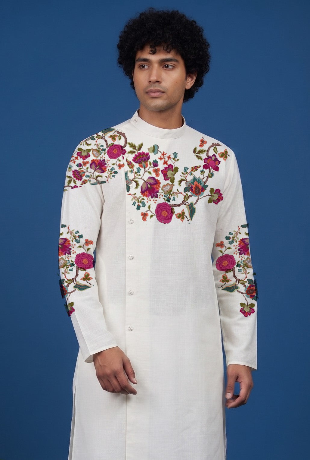 Men's White Cotton Kurta with Dhoti Set – Ethnic Print & Side Placket