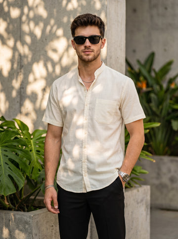 [DS-C-MG] Men's Beige chinese collar Cotton Shirt