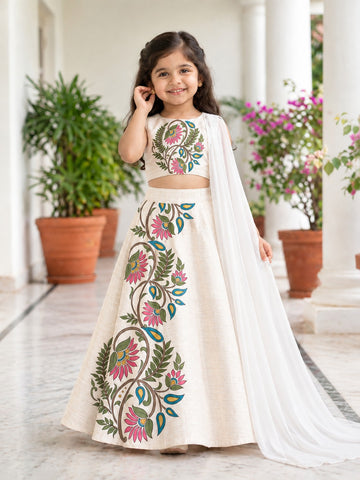 Girls' Off-White Art Silk Lehenga Set – Printed