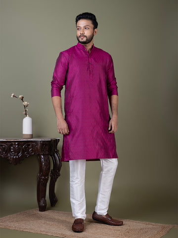 Men Mandarin Collar Jacquard Kurta with Pyjama