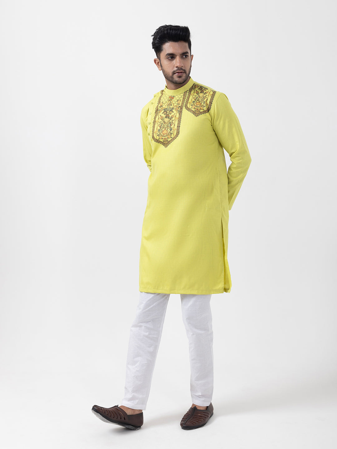 Men's Lime Green Cotton Kurta Set – Ethnic Print & Side Placket