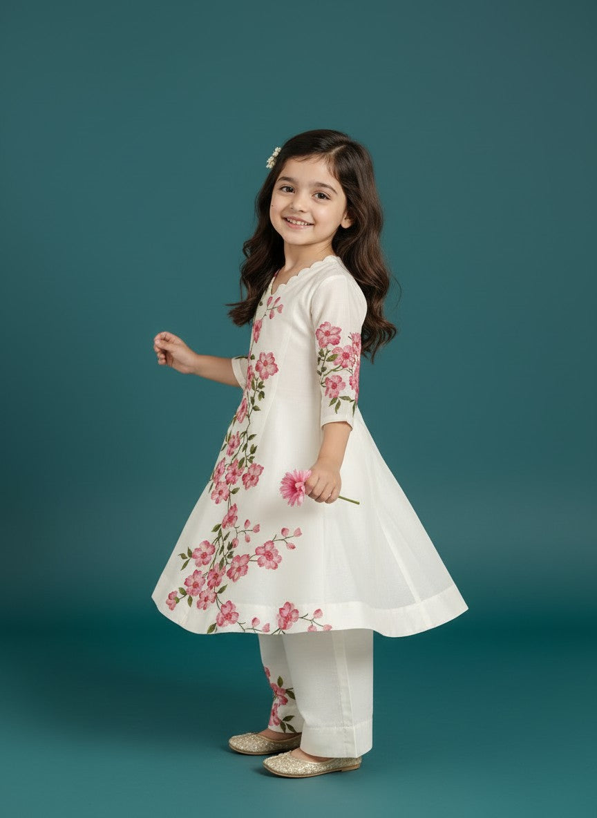 Girls' Off-White Art Silk Kurti Palazzo Set – Printed