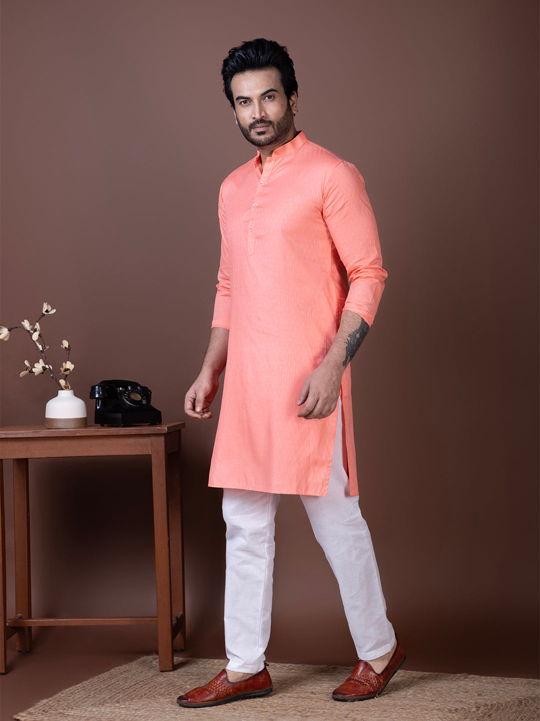 [SH] Men's Pink Self Design Cotton Kurta Set