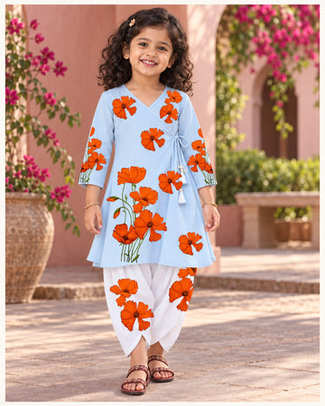 Girls' Sky Blue Cotton Kurti with Tulip pant Set – Printed