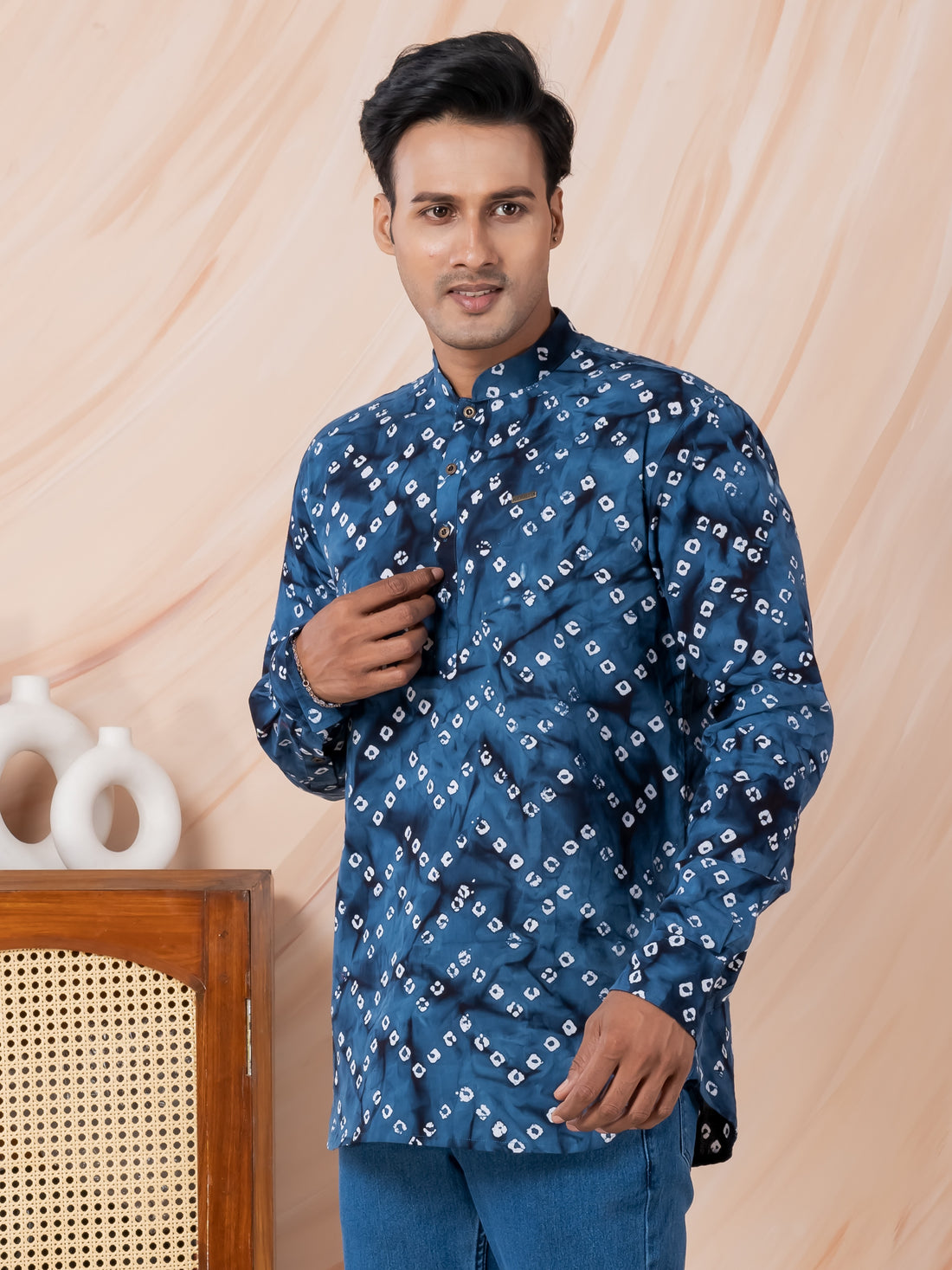 [RMS] Men's Navy Blue bandhani printed Pure Cotton Short Kurta