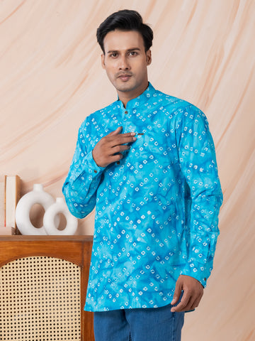 [RMS] Men's Sky Blue bandhani printed Pure Cotton Short Kurta
