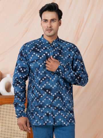[RMS] Men's Navy Blue bandhani printed Pure Cotton Short Kurta