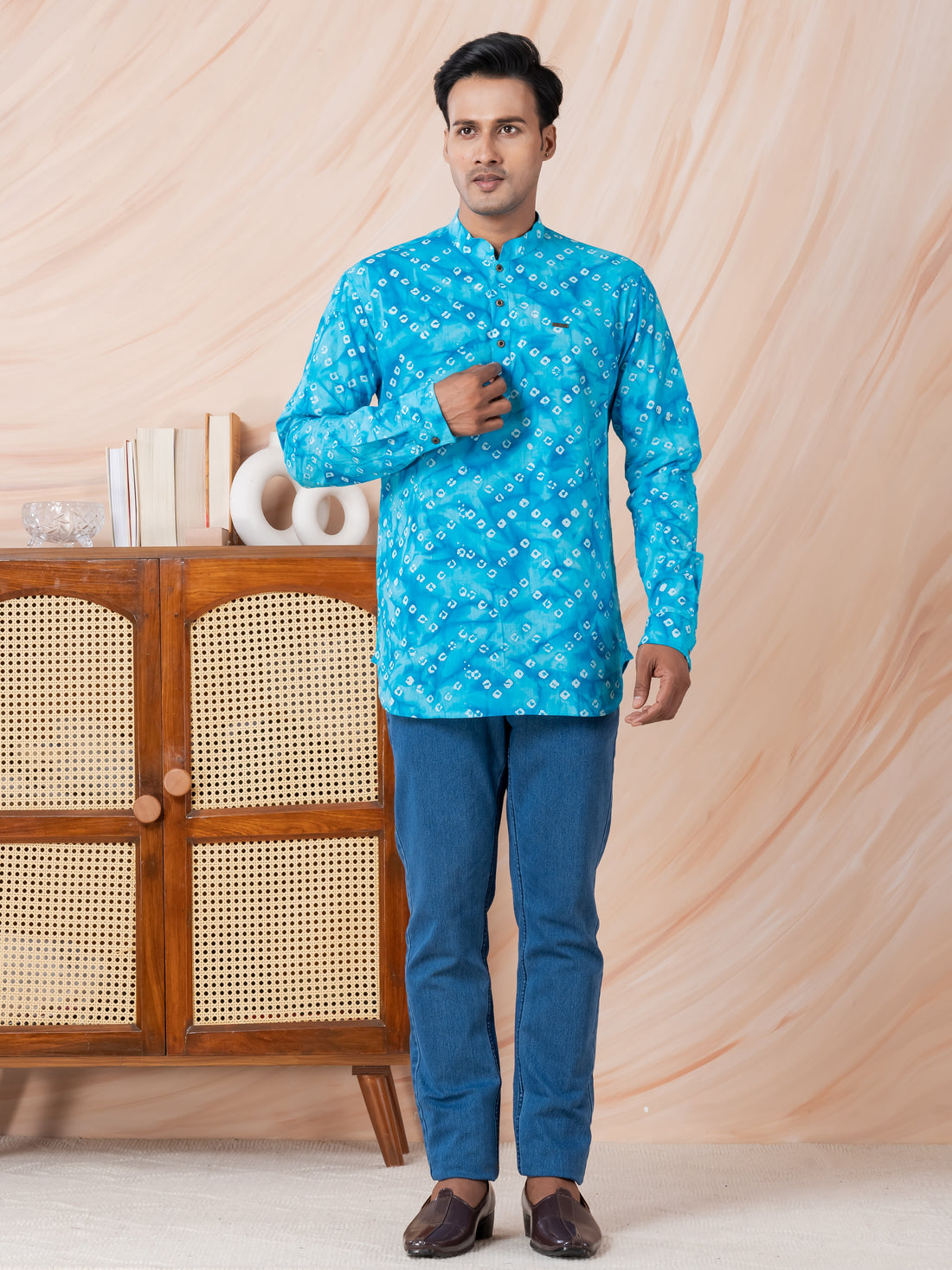 [RMS] Men's Sky Blue bandhani printed Pure Cotton Short Kurta