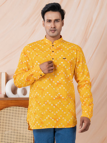 [RMS] Men's Yellow bandhani printed Pure Cotton Short Kurta