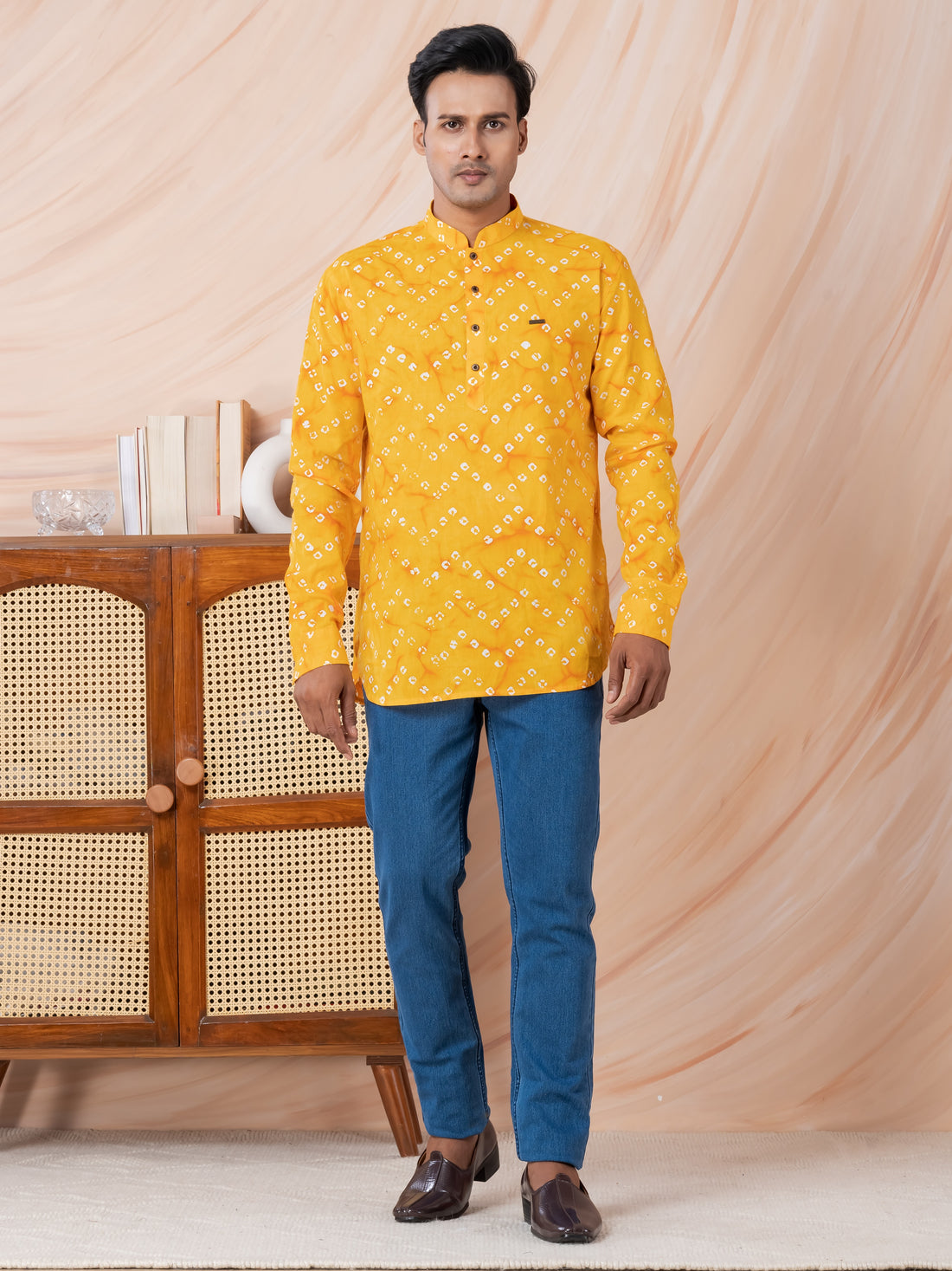 [RMS] Men's Yellow bandhani printed Pure Cotton Short Kurta