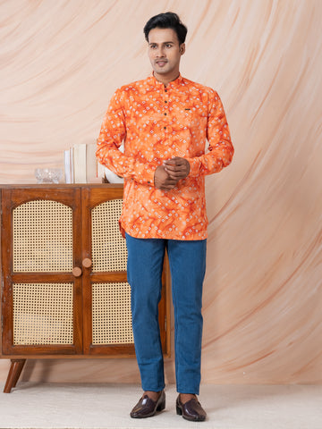 [RMS] Men's Turquoise Orange bandhani printed Pure Cotton Short Kurta