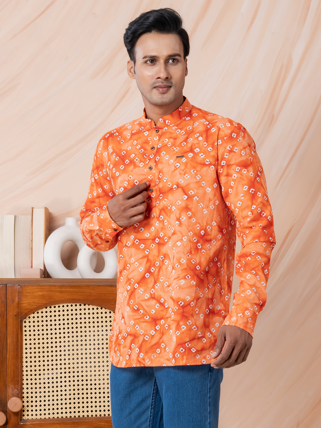 [RMS] Men's Turquoise Orange bandhani printed Pure Cotton Short Kurta