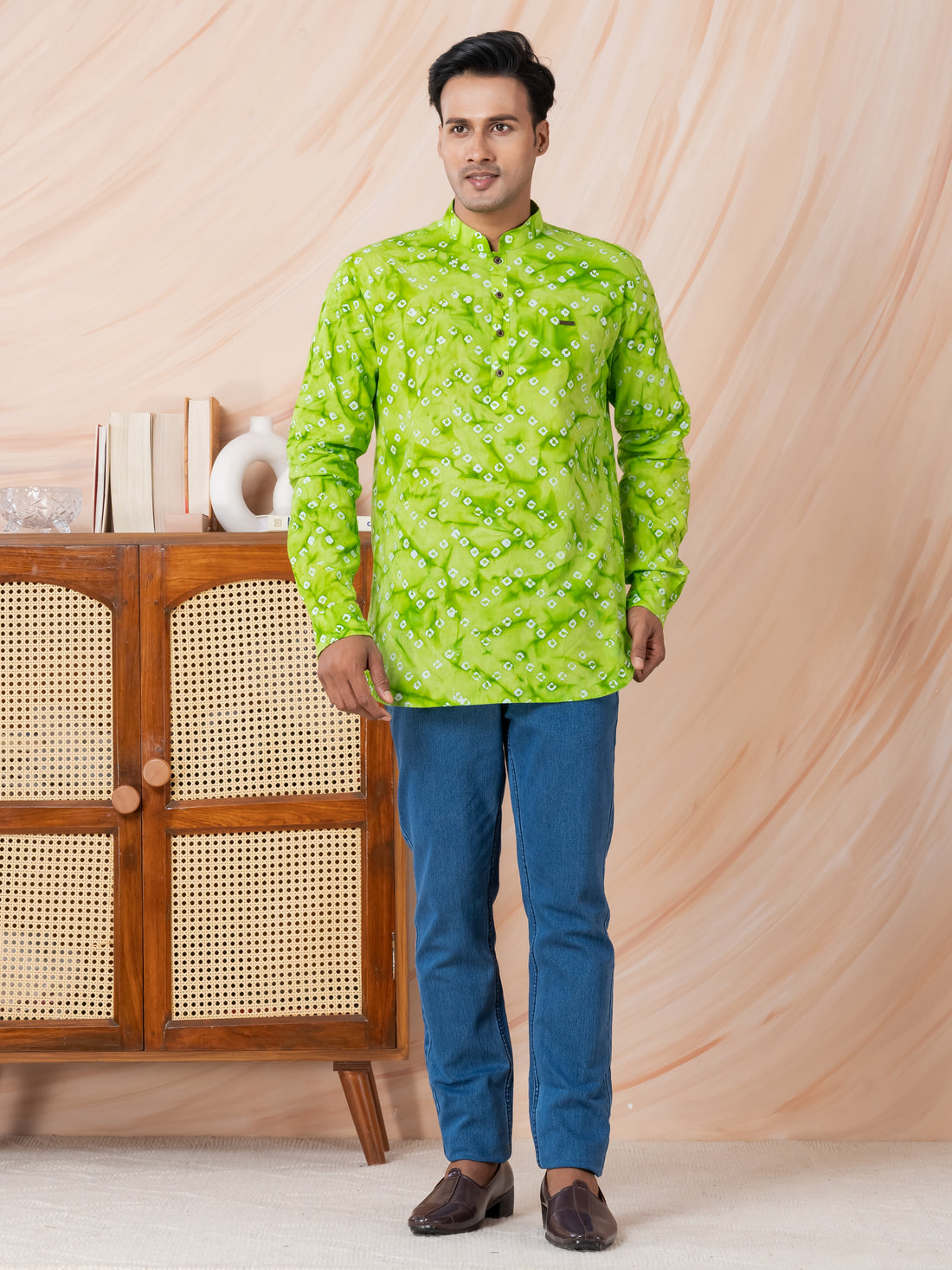 [RMS] Men's Green bandhani printed Pure Cotton Short Kurta