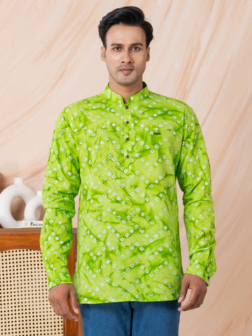 [RMS] Men's Green bandhani printed Pure Cotton Short Kurta