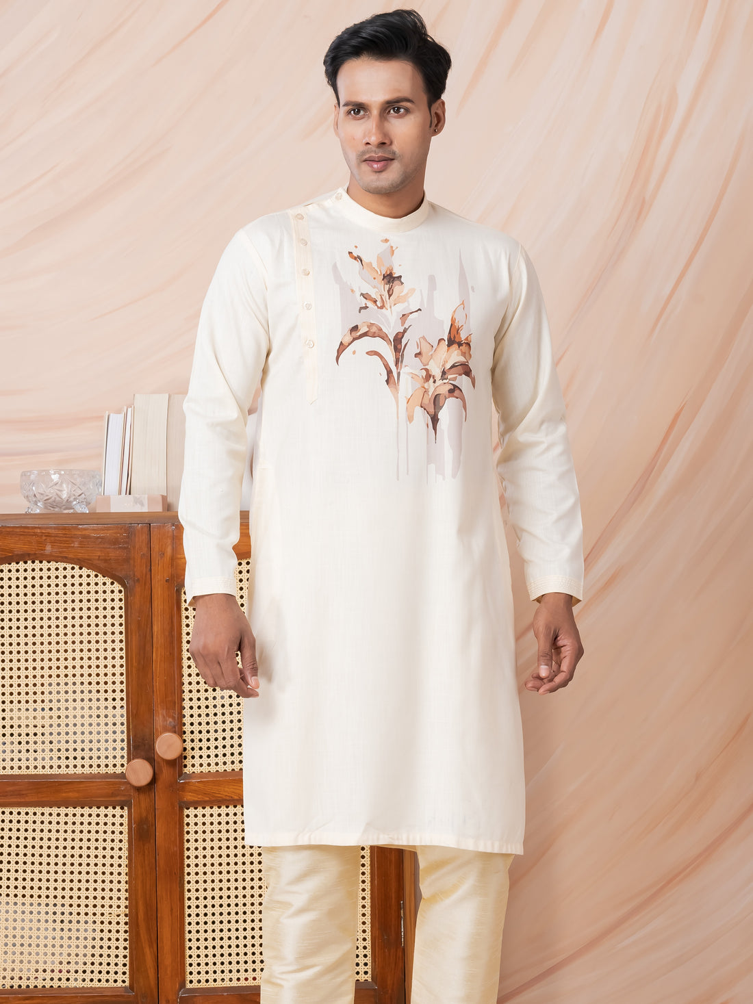 Mens Beige Side Placket Printed Kurta With Pyjama Set