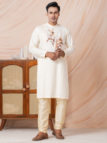 Mens Beige Side Placket Printed Kurta With Pyjama Set