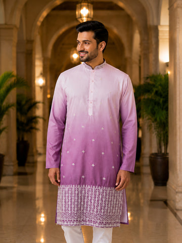 [NW] Men's Purple Embroidered Cotton Silk Kurta Set
