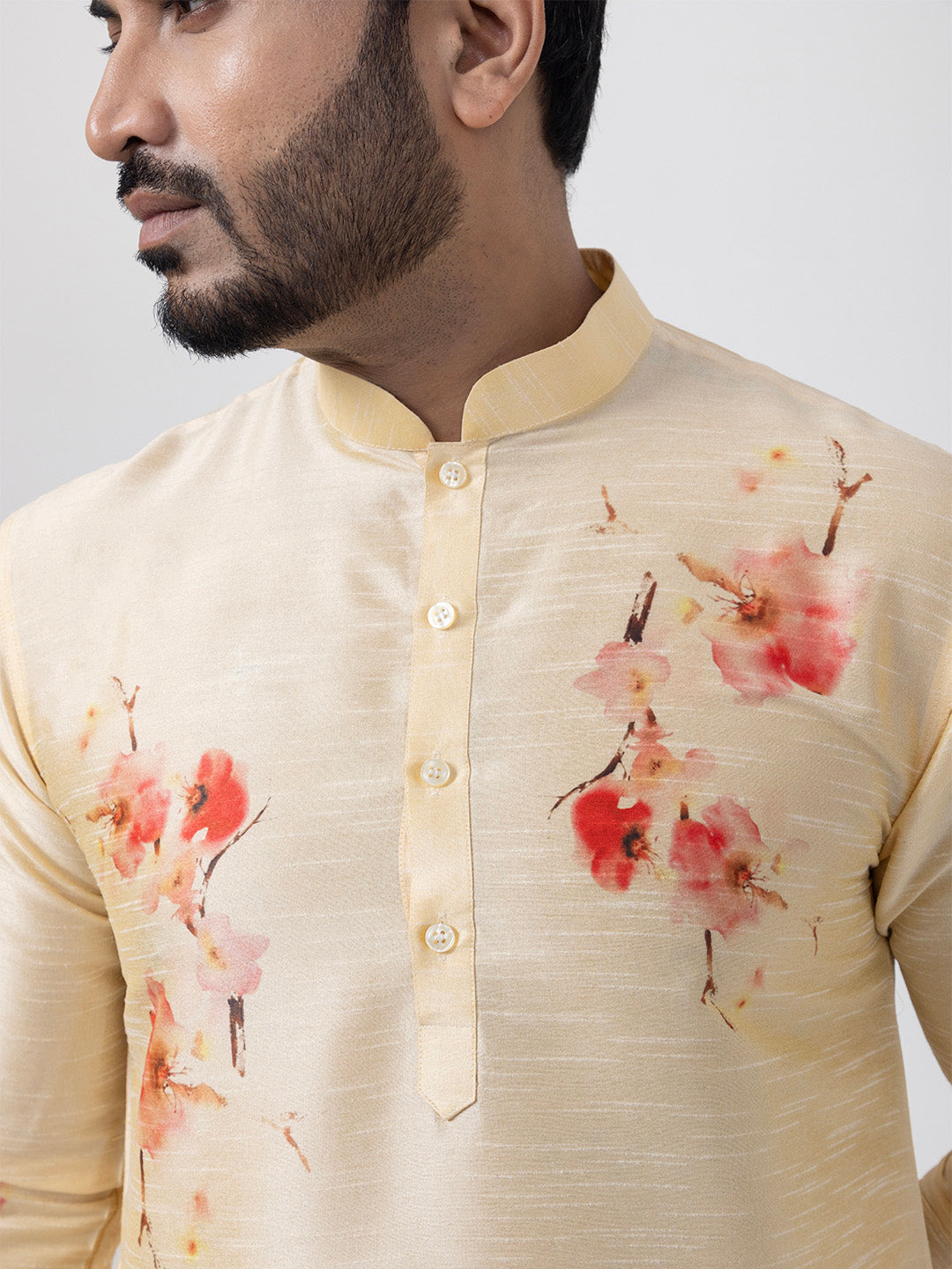Men's Beige Art Silk Kurta Set – Ethnic Print